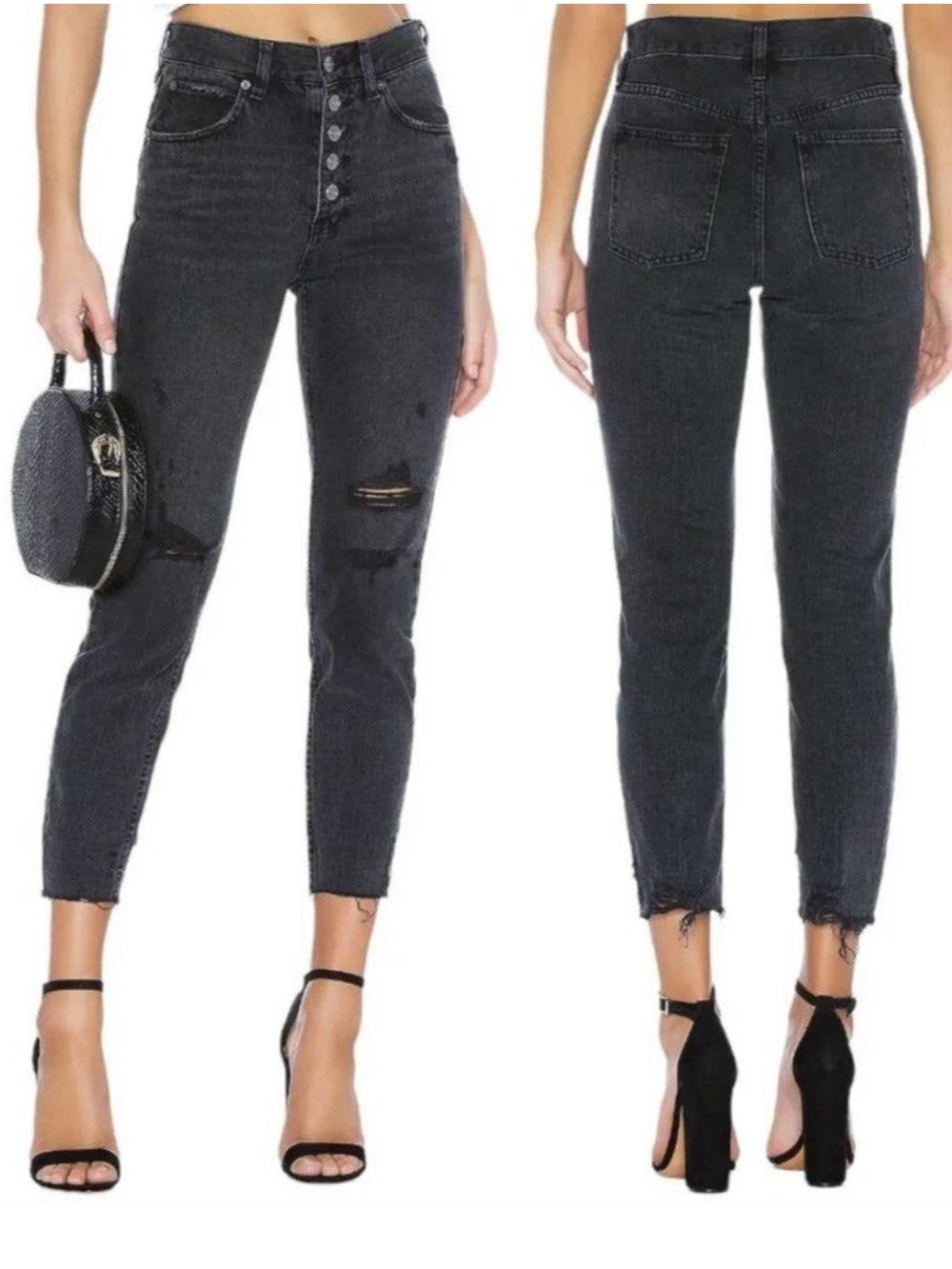 We The Free Black Distressed Blossom Rigid Skinny Cropped Jeans Size 30 Grunge
